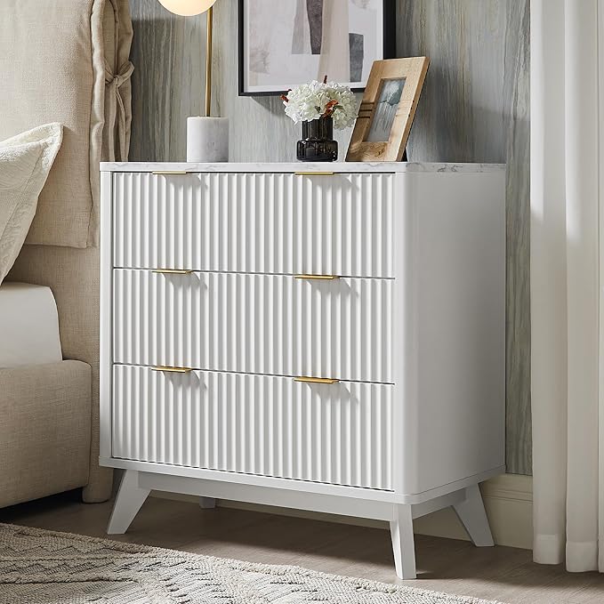 T4TREAM Fluted 3 Drawers Nightstand, Oversized Extra Large Modern Side Table