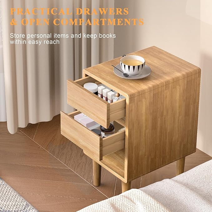 Nightstand 2 Drawers with Open Shelf Narrow Night Stand Solid Wood Bedside