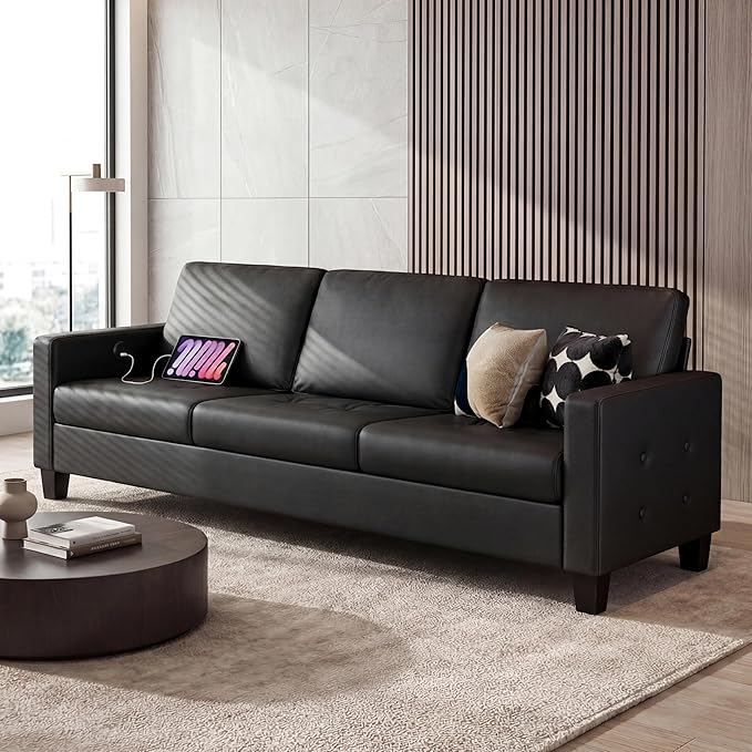 STHOUYN Black Faux Leather 3 Seater Sofa and Accent Chair Set of 2, Modern