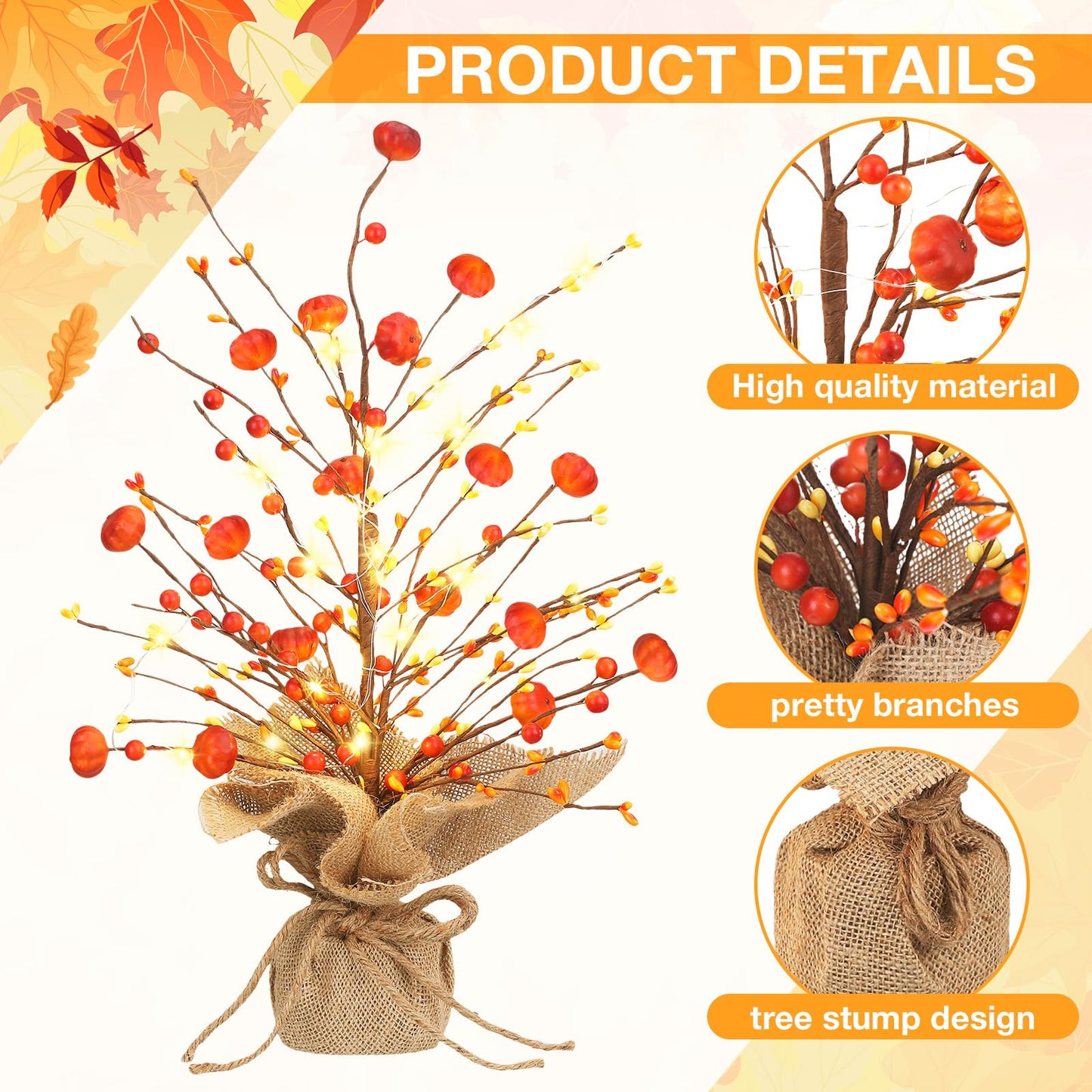 Ganeen 2 Pcs Thanksgiving Lighted Fall Tree Tabletop Decor LED 18 Inch Light up Fall Mini Tree Table Centerpiece Autumn Pumpkin Berry Harvest Decorations Rustic Burlap Base for Home Office Desk Decor