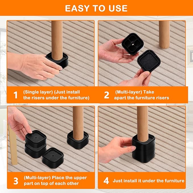 Furniture Risers Adjustable Bed Risers Heavy Duty Lifts Height 2", Square