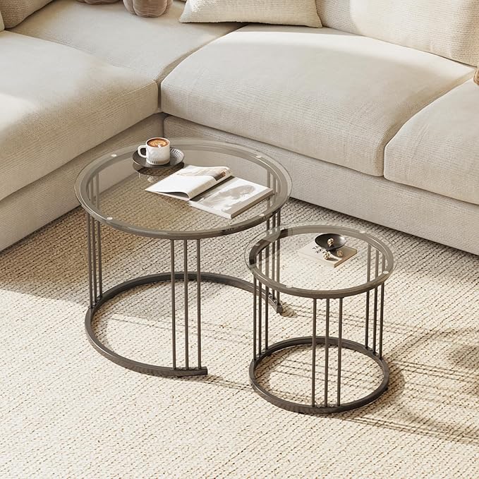 Garden 4 you Nesting Coffee Table, 23.6" Round Coffee Table Set of 2, Glass