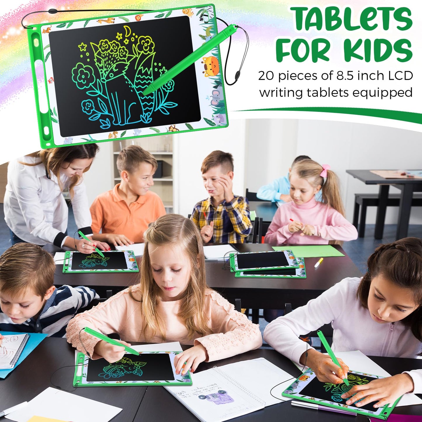 Zhehao 20 Pack LCD Writing Tablet for Kids: 8.5 Inch Colorful Drawing Doodle Boards - Reusable Erasable Doodle Board Educational Learning Toys Gifts for Toddlers Ages 3-8 Party Favors(Green,Stylish)