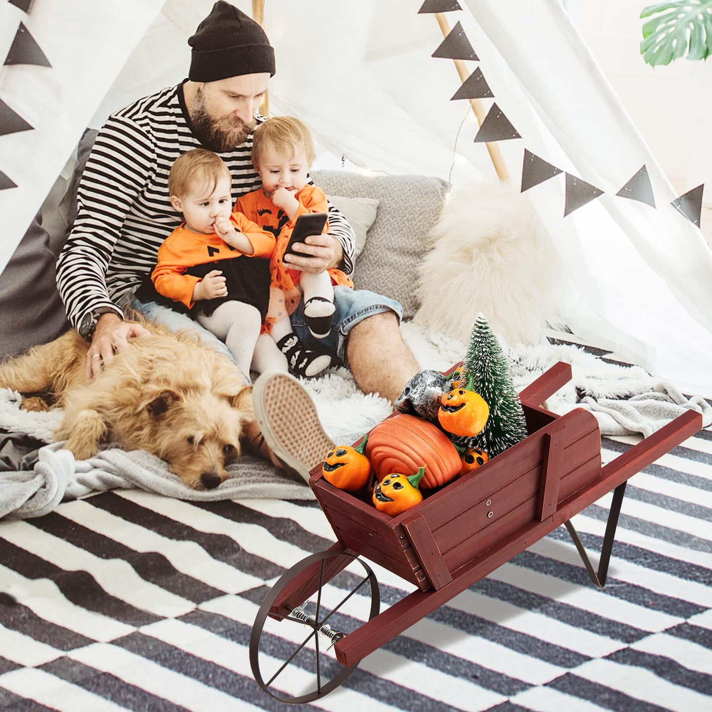 TANGZON Wheelbarrow Planter, Wooden Garden Wagon Planter Cart with 9 Magnetic Accessories, Wheel, 2 Handle, Outdoor Rustic Pine Wood Decorative Raised Plant Pot Stand for Patio Balcony (Reddish Brown)