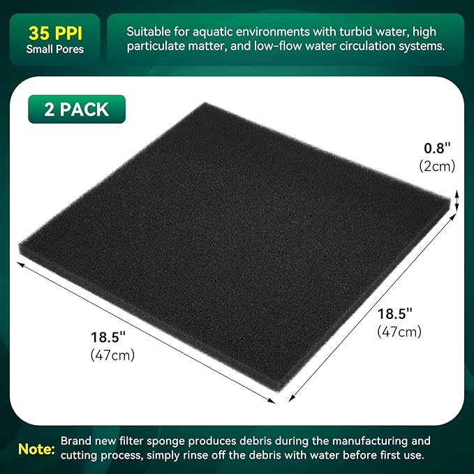 Borlech Aquarium Bio Filter Sponge Pad - Cut-to-Size Aquarium Filter Media for Fish Tank, Pond, Sump - Mechanical & Biological Filtration (18.5"x18.5"x0.8", 35PPI, 2 Pack)