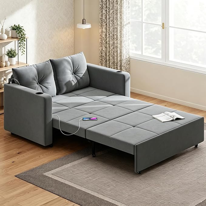 Krcix 3 in 1 Pull Out Couch, 56 Inch Velvet Sofa Bed, Convertible Sleeper Sofa