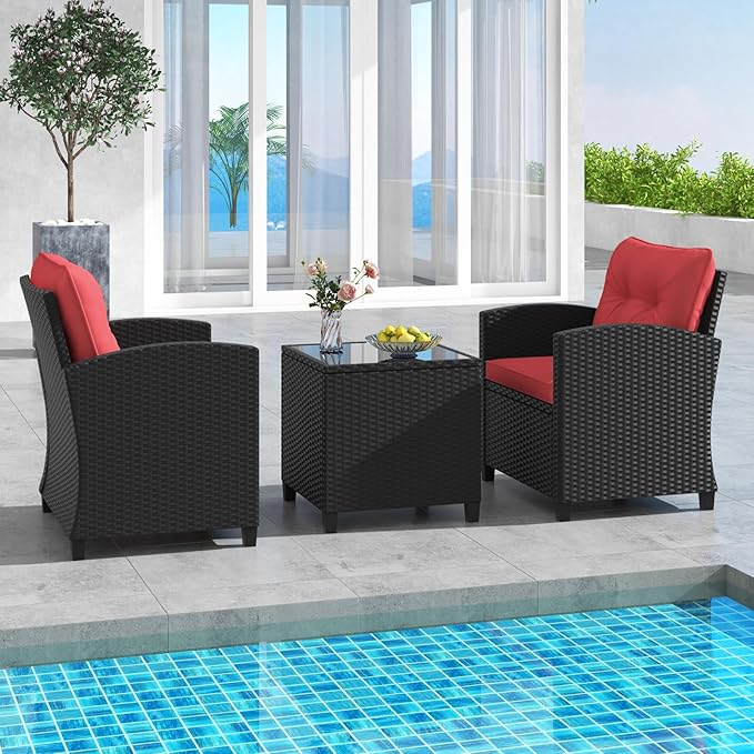 HAPPYGRILL 3 Pieces Wicker Patio Conversation Set, PE Rattan Bistro Sofa Set