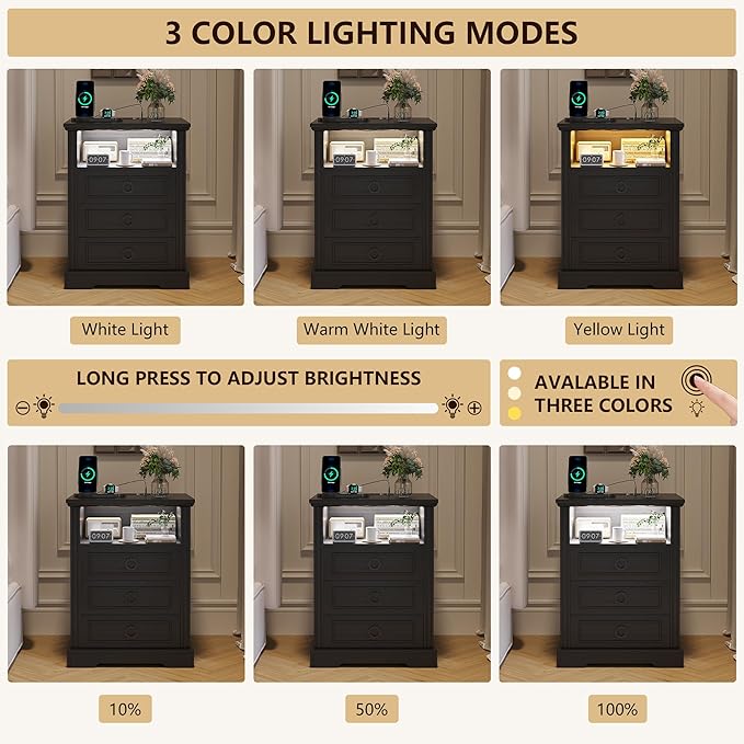 Nightstand with Charging Station, Farmhouse End Side Table with 3 Drawers and