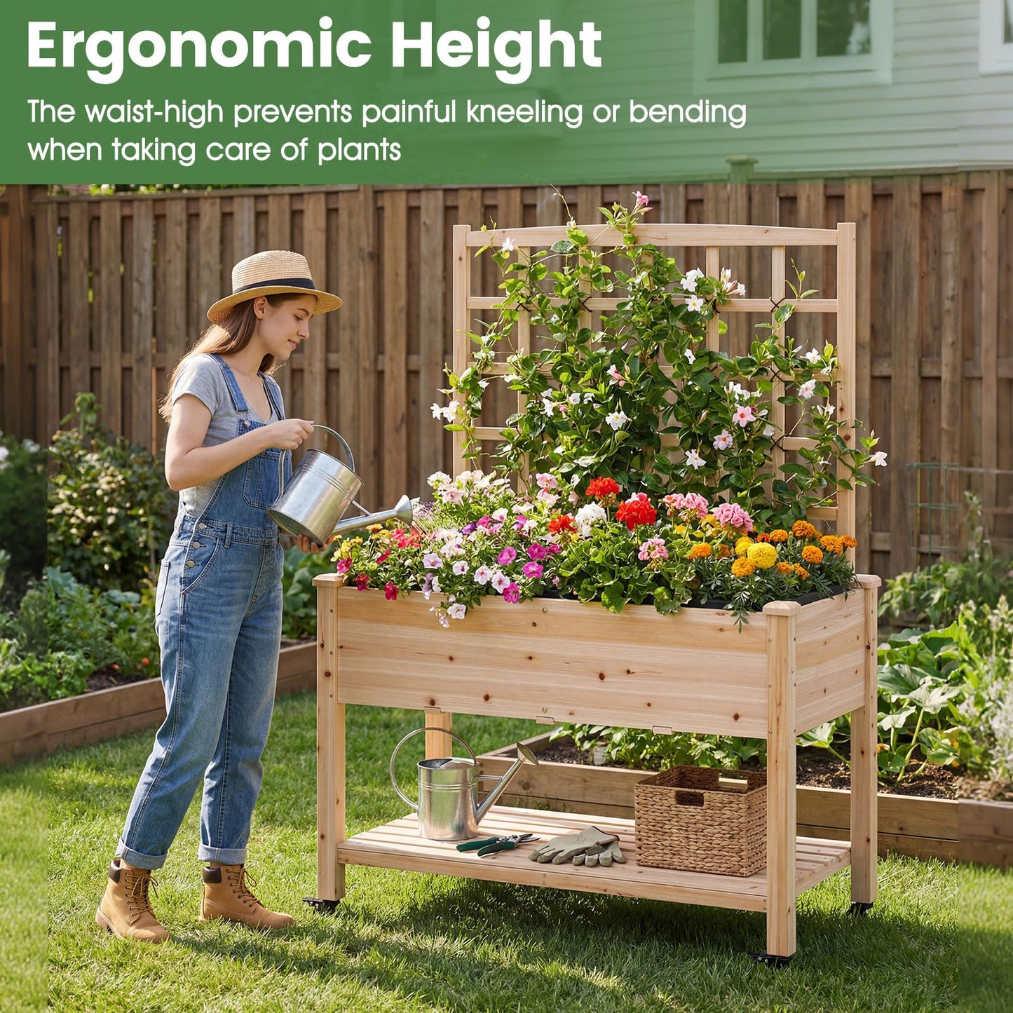 Giantex 65'' Wooden Raised Garden Bed w/Trellis on Wheels, Mobile Elevated Planter Box w/Legs, Liner & Drainage Holes for Climbing Plant Vegetable Herb Flower, Outdoor Garden Box, Backyard Balcony