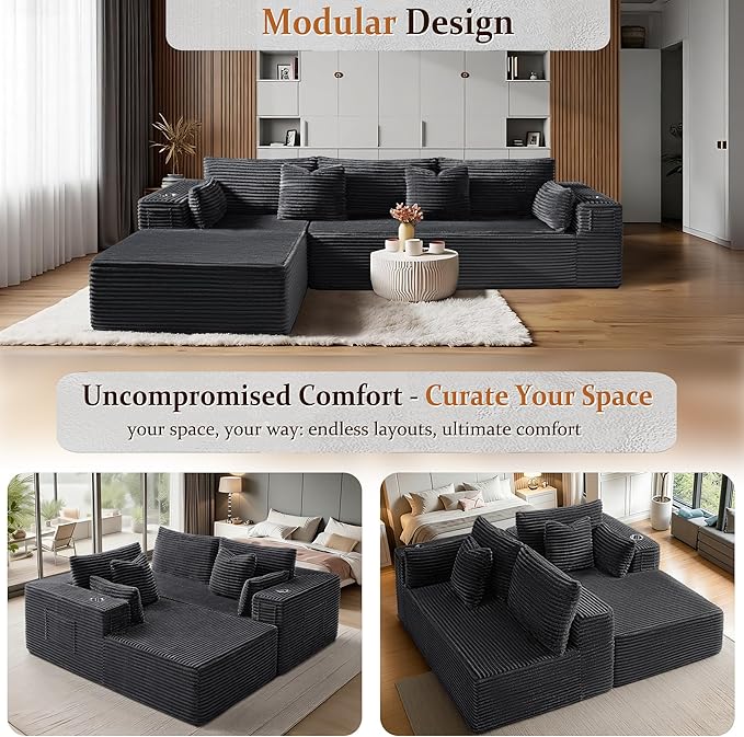108" Oversized Cloud Sectional Couch, Comfort L Shaped Boneless Couch
