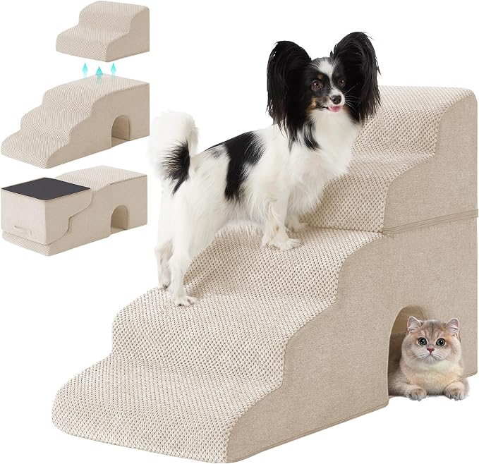 Dog Stairs for Bed 23’’ H, 5-Step Dog Steps for High Bed, Foldable Pet Stairs for Small Dogs and Cats to Get on Beds, Couch, Non-Slip Balanced Pet Steps and Ramp with Waterproof Cover, Beige