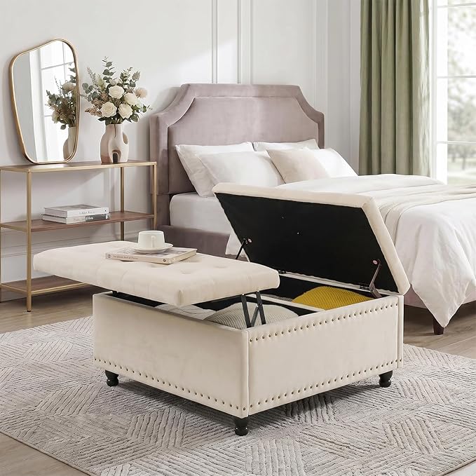 Tbfit Large Square Storage Ottoman Bench, Tufted Upholstered Coffee Table