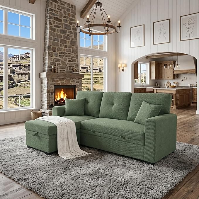 L Shaped Sectional Couch with Storage and Pull Out Bed, 3 Seater Sleeper Sofas