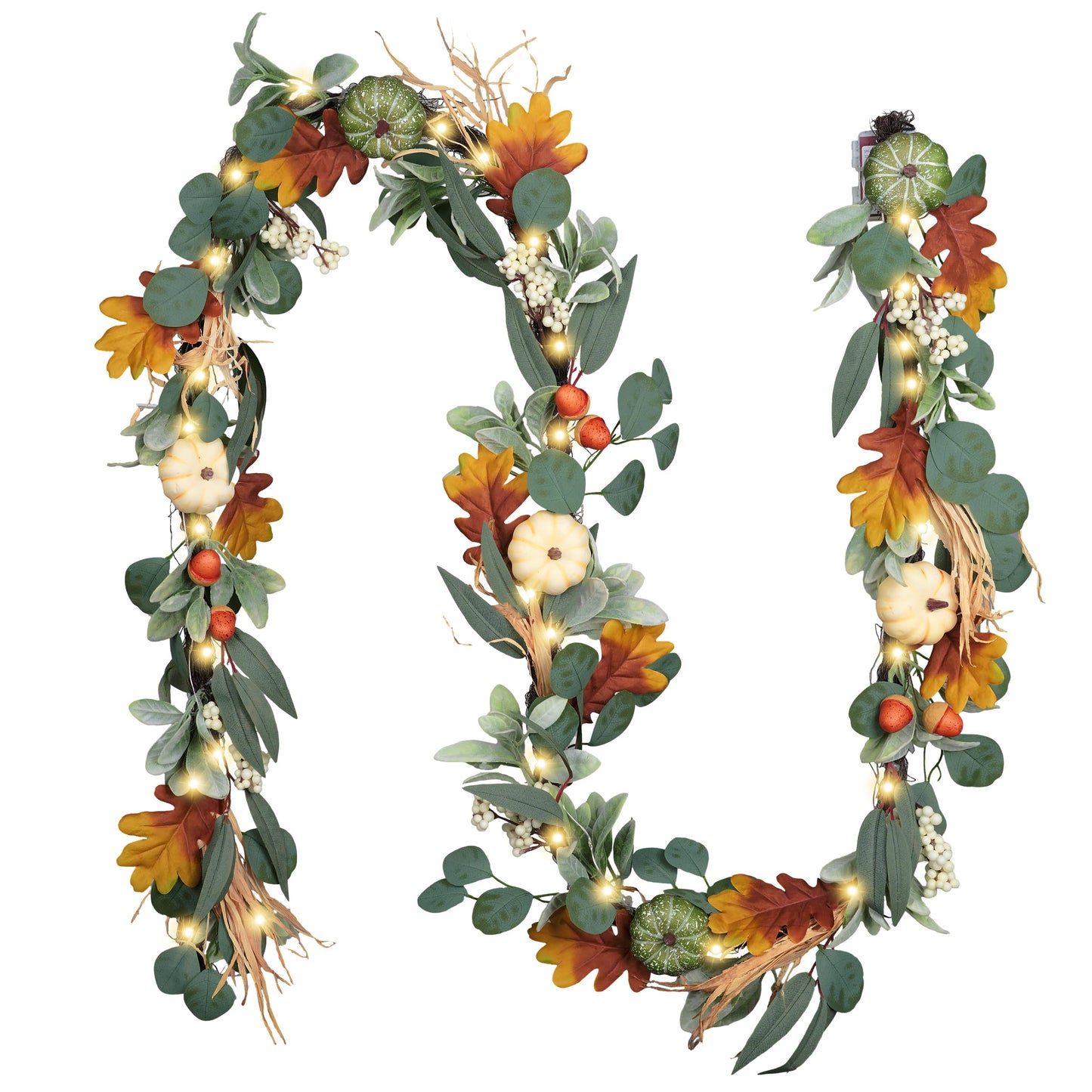 Valery Madelyn Fall Garland for Mantle, 9ft Lambs Ear Leaves Garland with Lights White Pumpkins Thanksgiving Table Centerpiece, Fall Autumn Decorations for Home Porch Fireplace Outdoor Halloween Decor