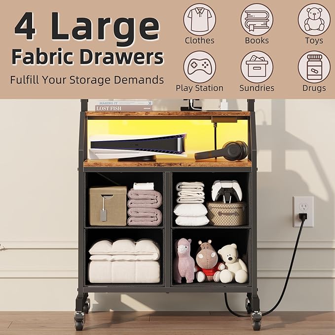 Rolling TV Stand with Mount & 4 Fabric Drawers