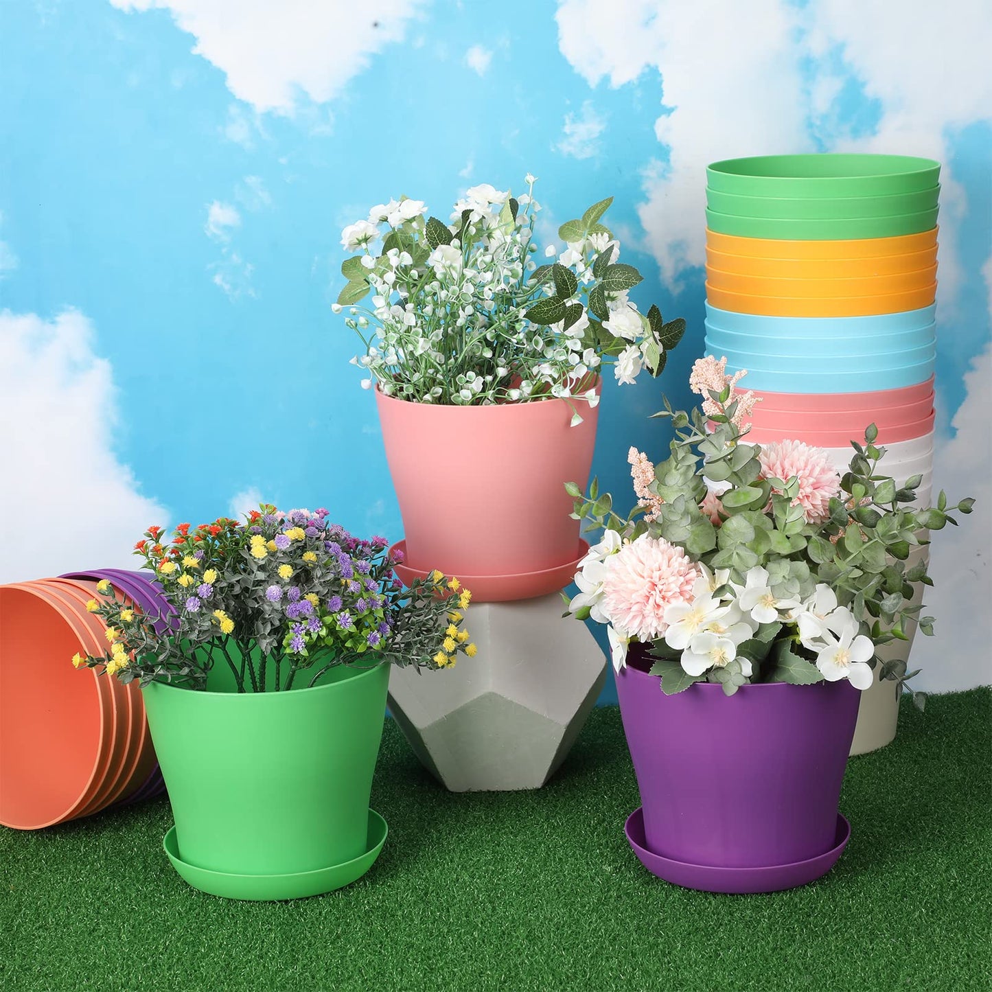 Yinder 32 Pcs 6 Inch Nursery Pots Flower Pots Colorful Plastic Plant Pot Seed Starting with Saucers and Drainage Holes Plant Container for Herbs Houseplants Seeding Nursery Flowers
