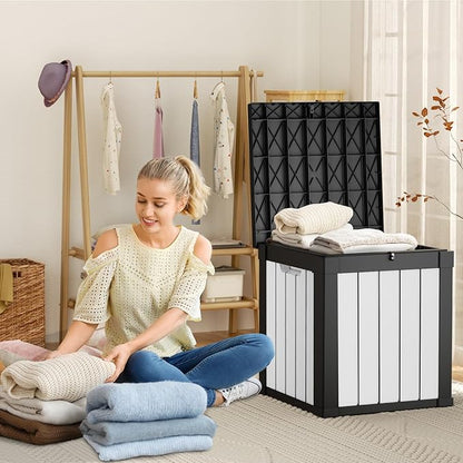 ROJIK Outdoor Storage Housing Deck Box - Waterproof Patio Furniture, Garden Tools, Cushions, Pool Accessories Storage Bench with Lockable Lid and Side Handles (Black & Whiter, 50 Gal)