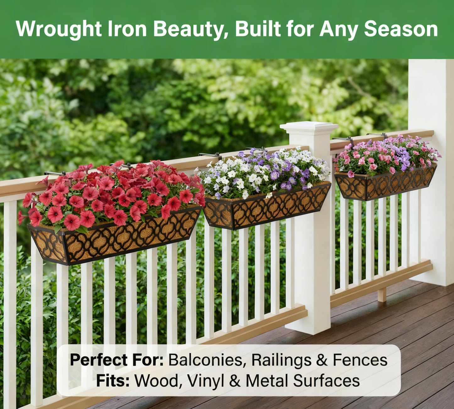 Y&M 4pcs 24 Inch Window Deck with Coconut Coir Liner, 24" Railing Planter Horse Trough Coco Basket Boxes Metal Hanging Flower Balcony for Outdoor Garden Fence Lawn