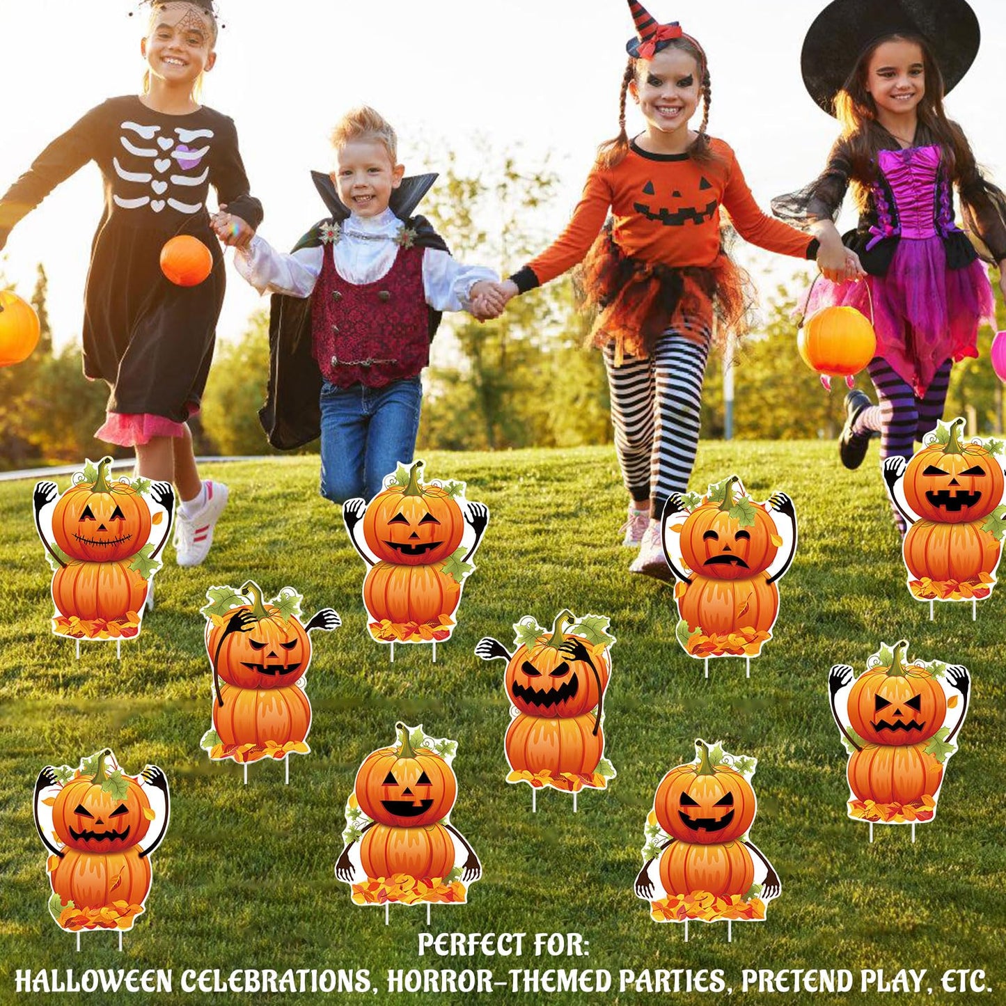 DECEED 10 PCS Halloween Pumpkin Yard Signs with Stakes, Waterproof Pumpkin Ghost Lawn Signs, Trick or Treat Party Garden Outdoor Decorations, 10 Cute Scary Styles