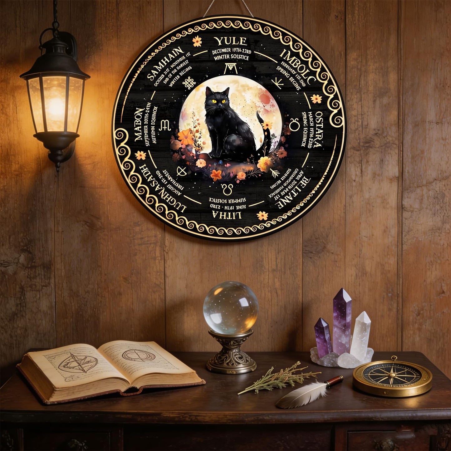 RIVEENY Wheel Of The Year Wall Hanging, Wooden Sabbats Pagan Witch Calendar, 12in Wicca Altar Decor for Yule, Celestial Signs, Christmas & Halloween