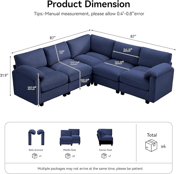 87'' V-Shaped Sectional Sofa Couch, 5-Seater Modular Couches
