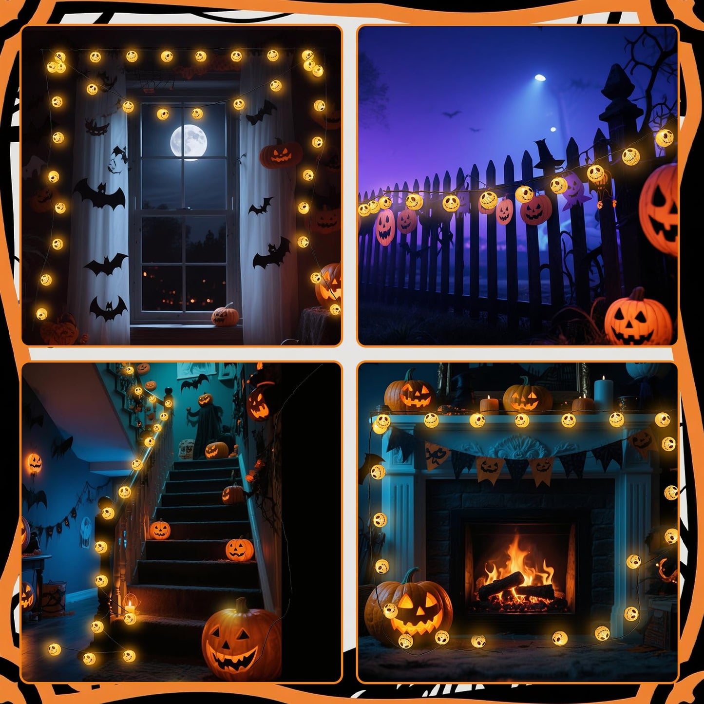 Brillarlights Halloween Decorations Ghost Lantern String Lights Plug in, 10 Pack Ghost Jack Skellington White Lantern Lights with Black Cord, Spooky Lights Outdoor for Halloween Spooky Mantel Decor