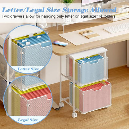Sbanmao Letter/Legal Rolling File Cabinet, Rolling File Cart with 2 Drawers Filing Cabinet for Home Office, Hanging File Folders Organizer for Under Desk Storage, Mobile Printer Stand, White