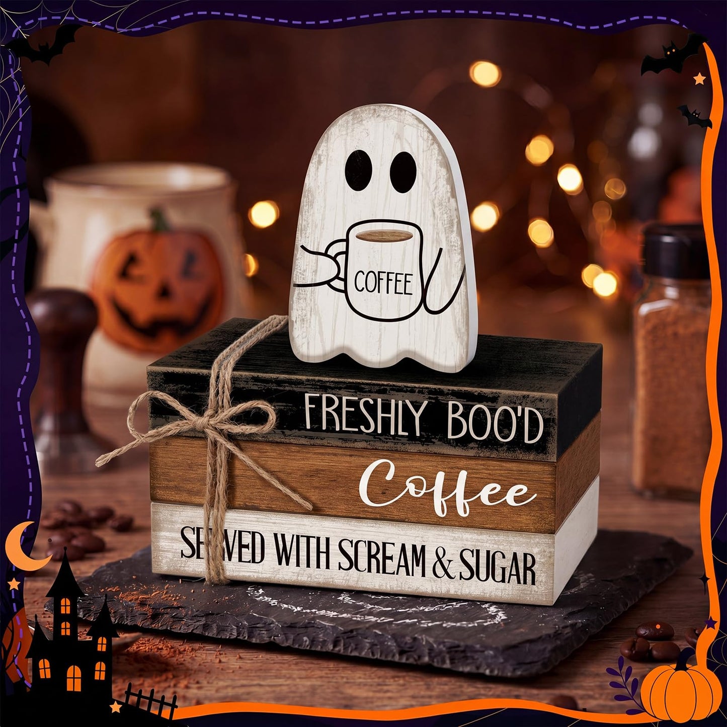 Anglechic 4 Pcs Halloween Table Decorations Halloween Ghost Tiered Tray Decorations Rustic Mini Ghost Coffee Wooden Books Centerpiece Signs for Farmhouse Office Shelf Tabletop Office Bookshelf