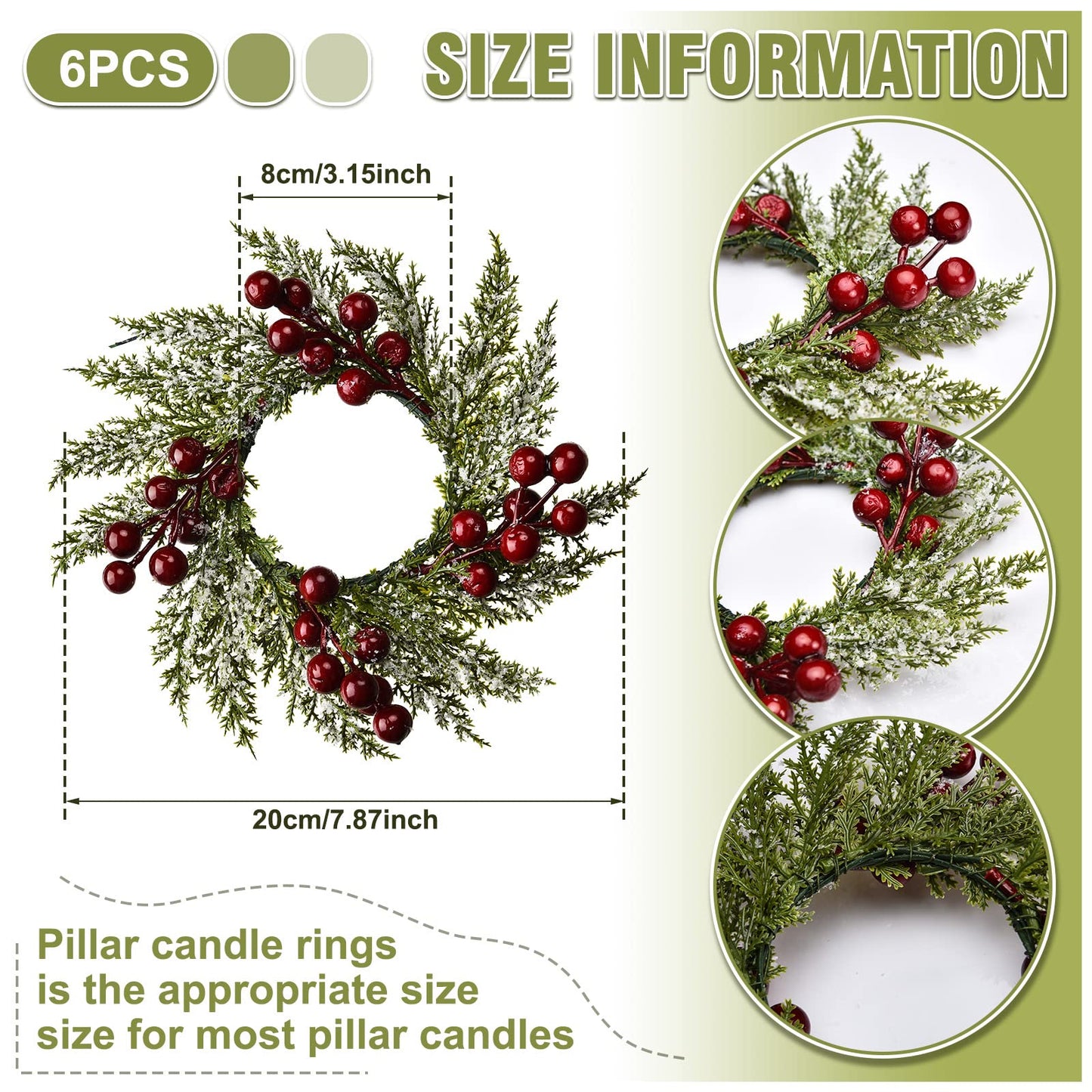 6 Pieces 8" Mini Christmas Wreaths - Small for Kitchen Cabinet/Window/Front Door, Artificial Red Berries & Pinecones, Christmas Candle Rings, Table/Farmhouse Decoration (No Ribbon)