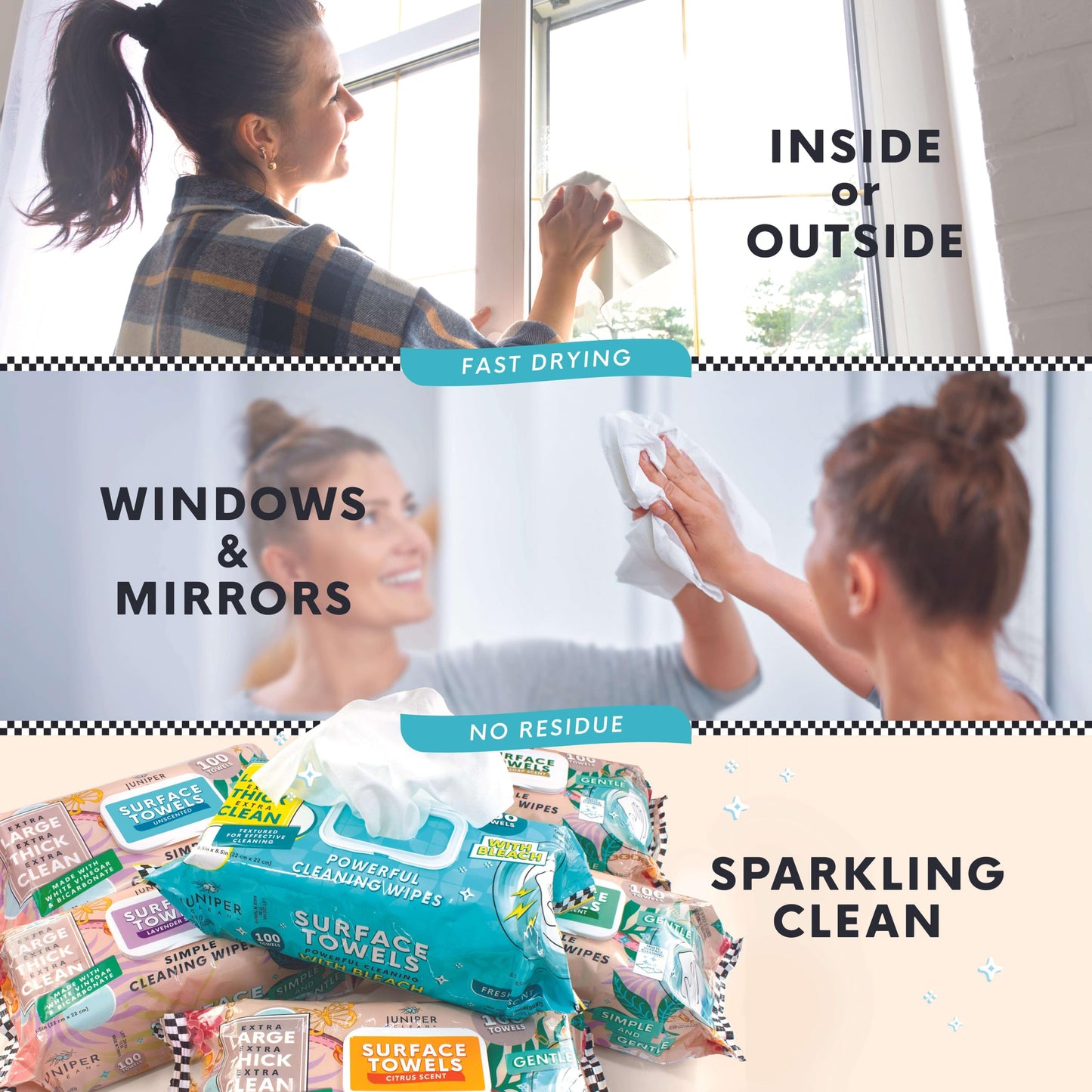 Juniper CLEAN 6 Packs Surface Cleaning Wipes Bleach Free, Thick & Large Dispose, All-Purpose Cleaner for Bathroom, Kitchen, Office, 600 Count Soft Flow, Biodegradable, No Scent
