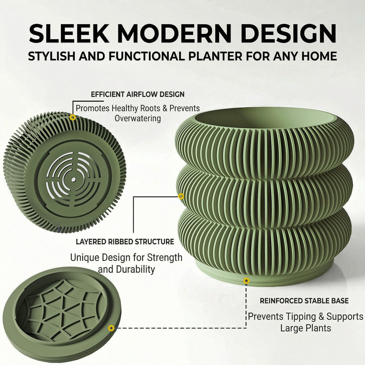 Fabix 4.7" 3D Printed Plant Pots - Unique Bubble Ring Modern Planters for Indoor Plants, Durableo-Friendly PLA Flower Pots with Drainage for Succulents, Cactus, Home Office Décor.(Military Green)