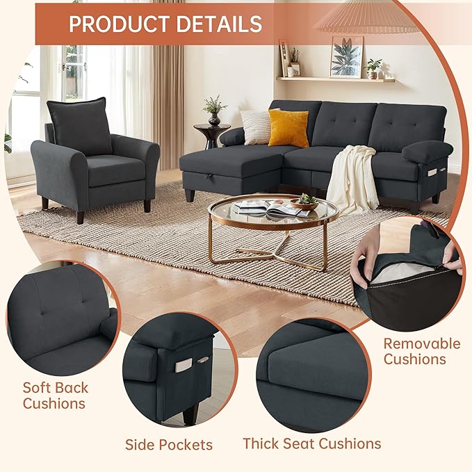 2PCS Sectional Sofa Set with Ottoman, Modern Linen 4 Seater Couch Set with Side