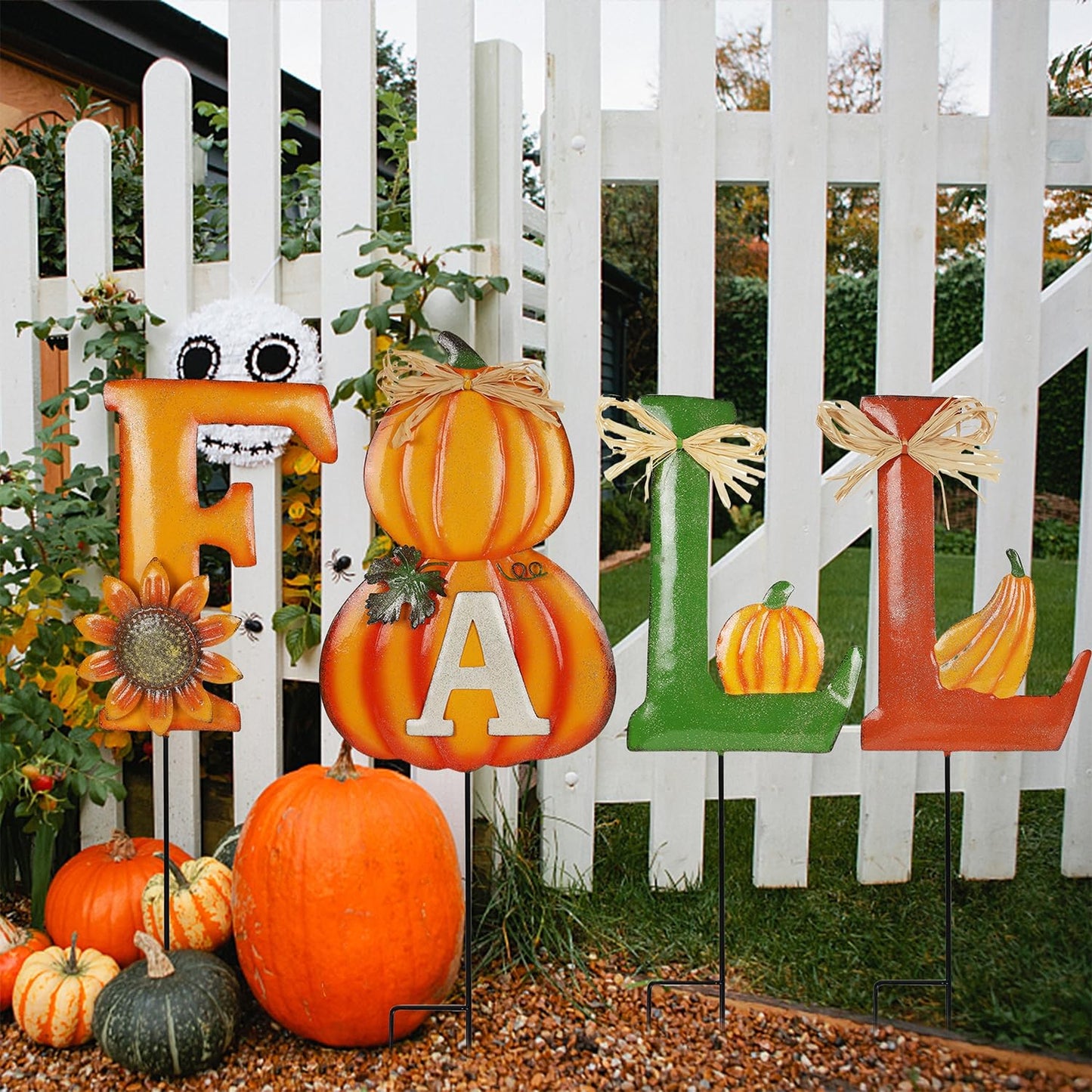 Juegoal 4 Pcs Fall Decorative Garden Stakes, 24 Inch Letter Metal Yard Sign with Pumpkins, Outdoor Art Stake for Thanksgiving Decorations Autumn Harvest Patio Lawn Walkway, Style A