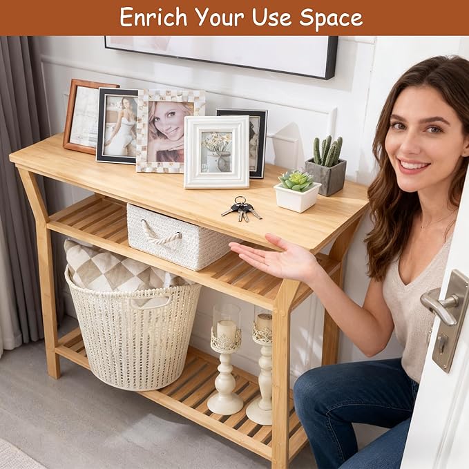 Nnewvante Bamboo Console Table, 38.6" Entryway Table