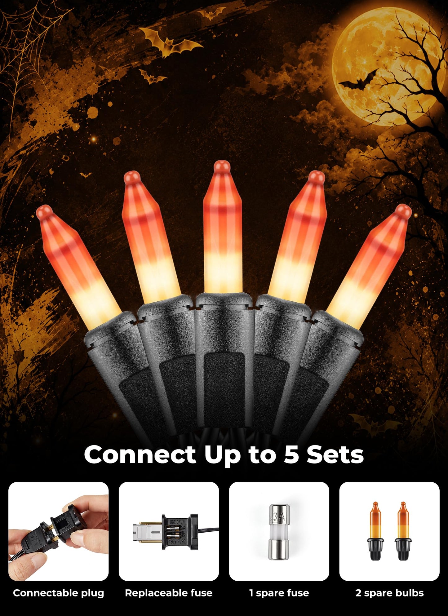 Minetom 100-count 25Ft.Yellow & Orange Candy Corn Incandescent Mini Halloween String Lights for Outdoor & Indoor Halloween Decoration, Waterproof & Connectable
