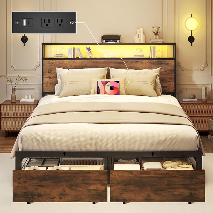 Lifezone Full Bed Frame with 2-Tier Storage Headboard, Metal Bed Frame with
