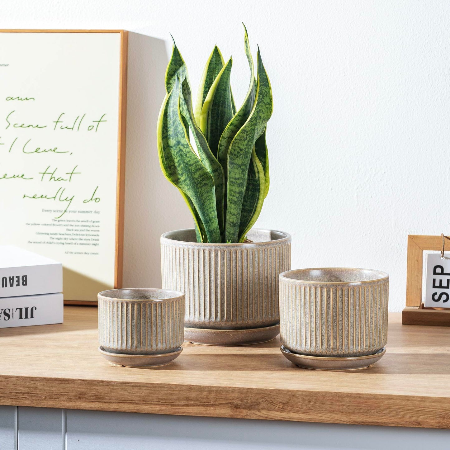 SURE YUESI Speckle Gray Ceramic Plant Pots Set of 3 (4.3”+5.5”+6.7”) Indoor Striped Planters with Drainage Hole, Saucer Pad, Decorative Pots for Plants & Gardening