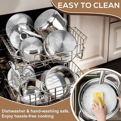 Stainless Steel Cookware Set Pots and Pans- 15 Pieces Nonstick Pot and Pan Set Includes 1 Frying Pans, 5 Pots, 6 Lids and 3 Utensils, with Stay Cooling Handle, Induction & Oven Safe
