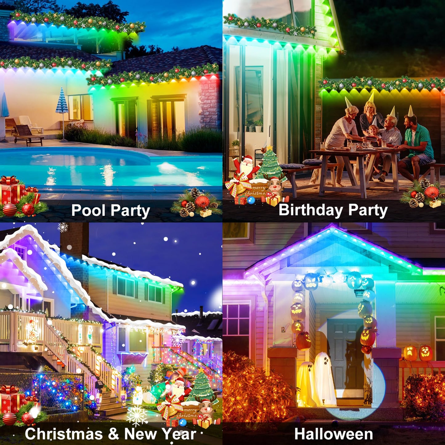 MUCCCUTE Permanent Outdoor Lights for Easter150ft RGB + IC Eaves Lights with App & Remote Control, Outdoor String LED IP67 Waterproof for Holidays New Year July 4th Roof Eaves House Garden Decor