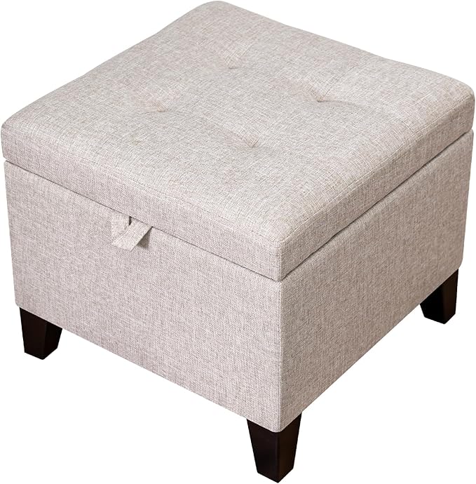 Adeco 18 Inch High Cube Ottoman Storage, Linen Chair Foot Stools, Upholstered