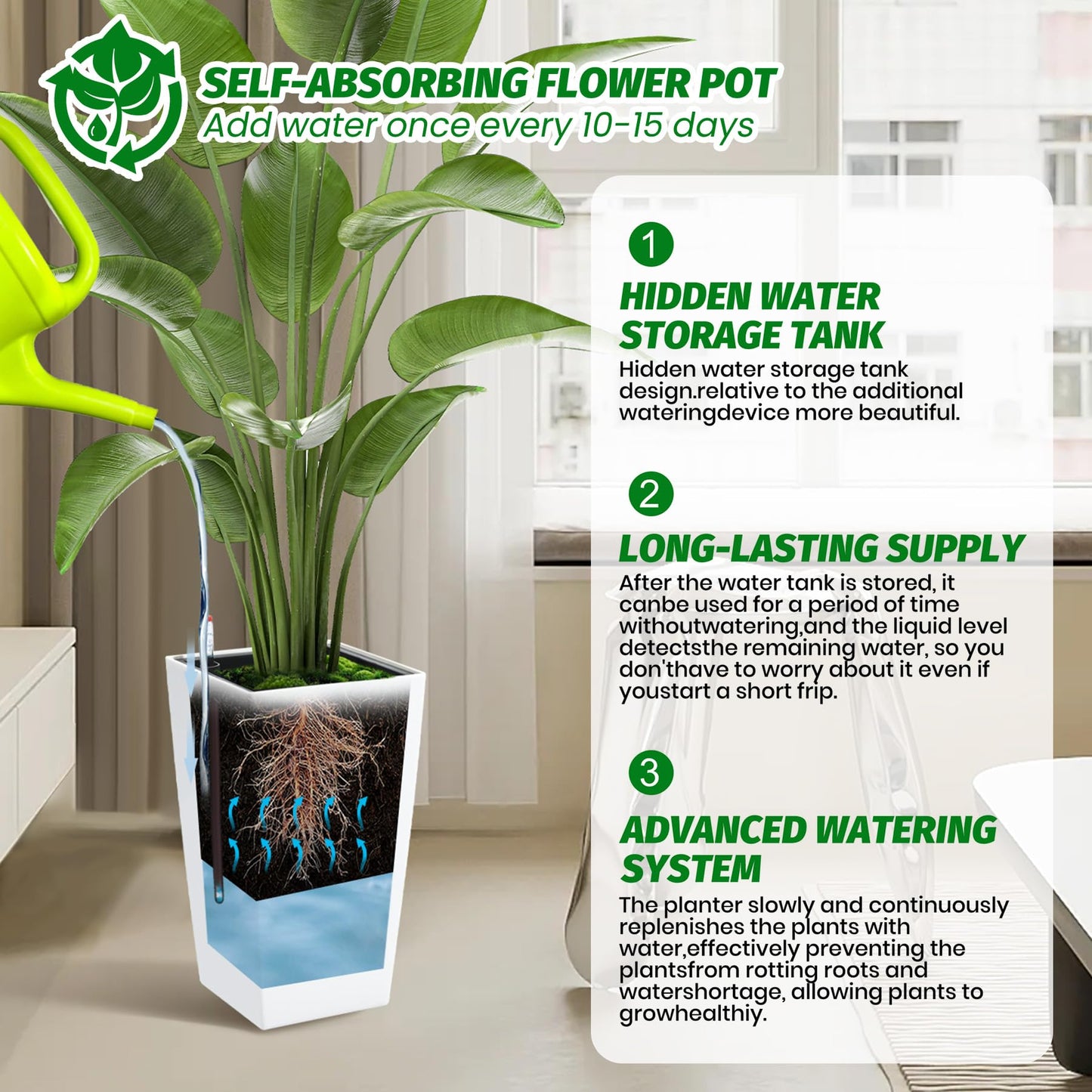 PeakPursuit 16" Tall Planters Set of 2, Outdoor＆Indoor Black Planter Pots, High Front Porch Planter Pots with Drainage Holes＆Water Level Monitor＆Inner Bucket, Automatic Watering, White