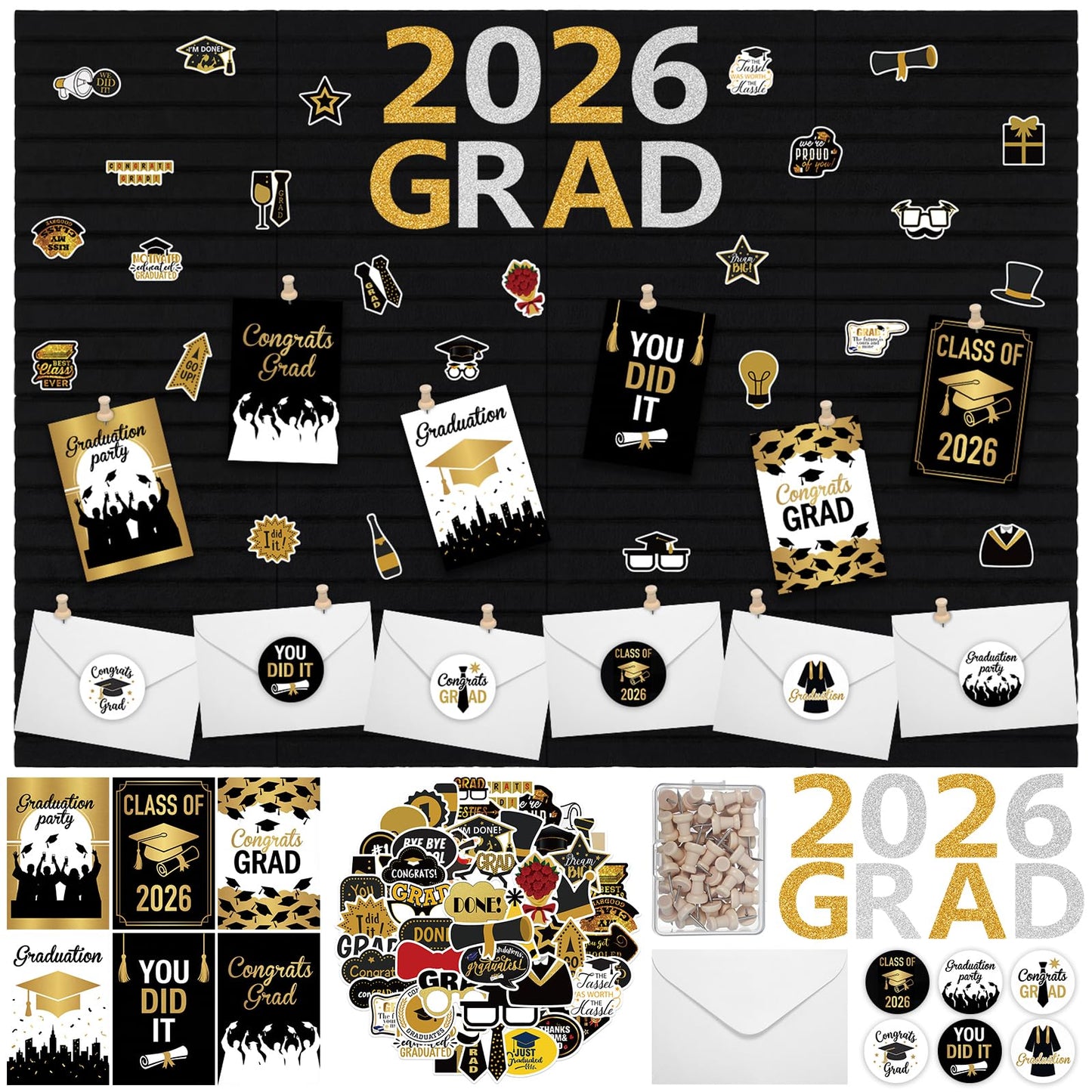 Nuanchu Graduation Bulletin Boards Decorations Set, DIY Poster Photo Board Kit with Black Felt Panels, 2026 Graduation Cards & Envelopes, Sticker Set, Push Pins, Cardstock Decor for Party Classroom
