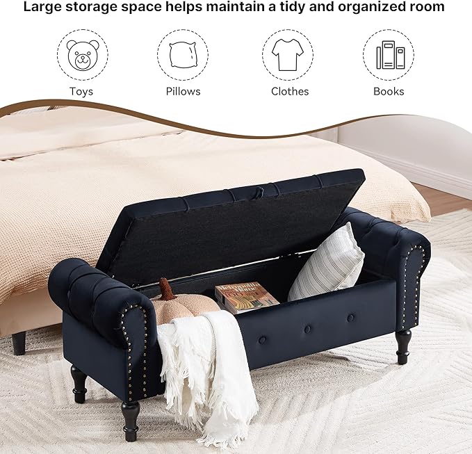 Storage Bench for Bedroom, Velvet 51" End of Bed Bench, Queen Size Bench