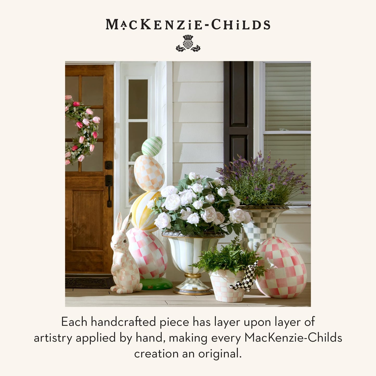 MACKENZIE-CHILDS Pot Climber, Decorative Indoor and Outdoor Planter Hanging Decor, Pink-and-White Rosy Check Funny Bunny