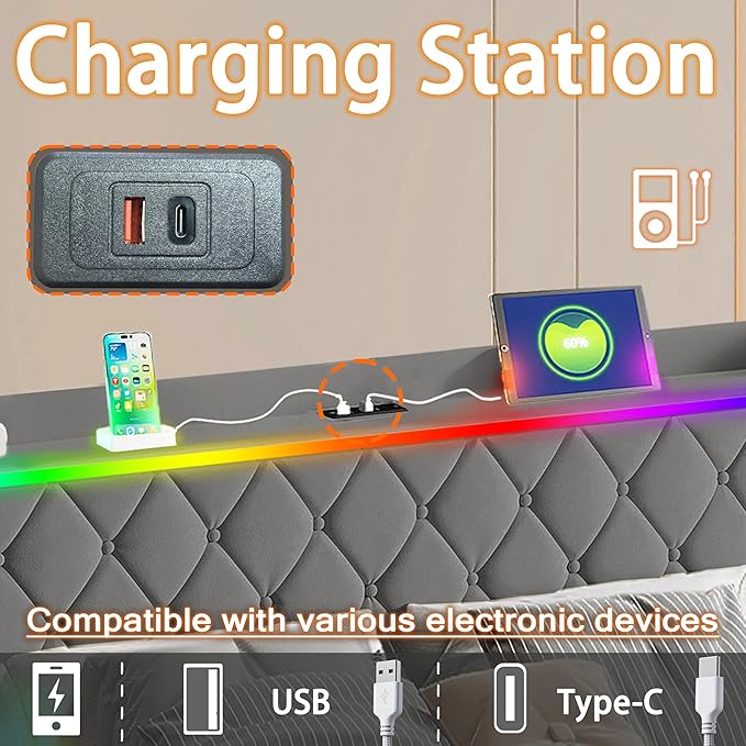 Modern Multi-Color LED Light Full Bed Frame