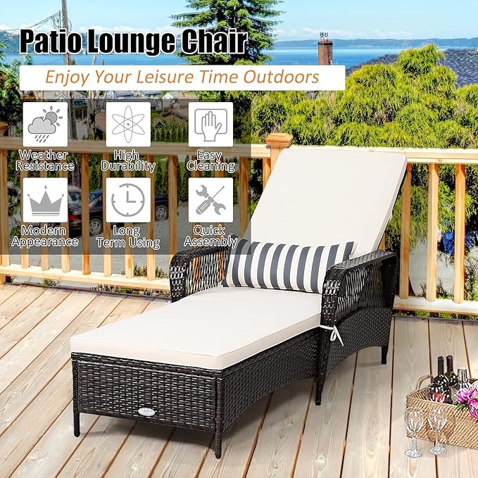 COSTWAY PE Rattan Chaise Lounge Chair, 6 Gear Adjustable Recliner