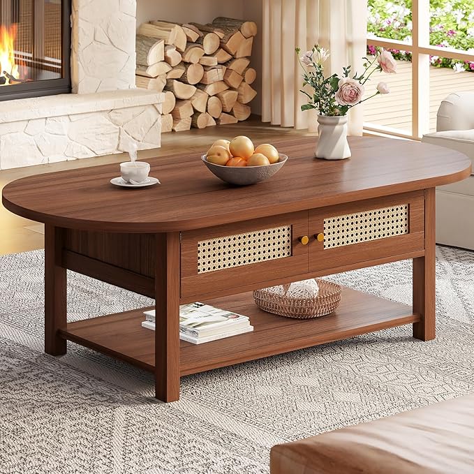 LVB Rattan Coffee Table, Boho Wood Living Room Table
