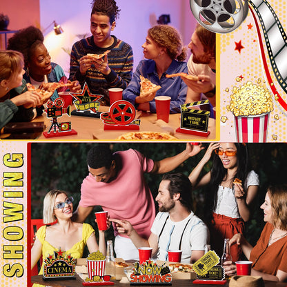 Blosssound 9 Pcs Movie Night Party Decorations Movie Theme Wooden Table Centerpieces Theater Now Showing Table Sign Cinema Popcorn Star Tabletop Decor for Home Film Birthday Party Supplies