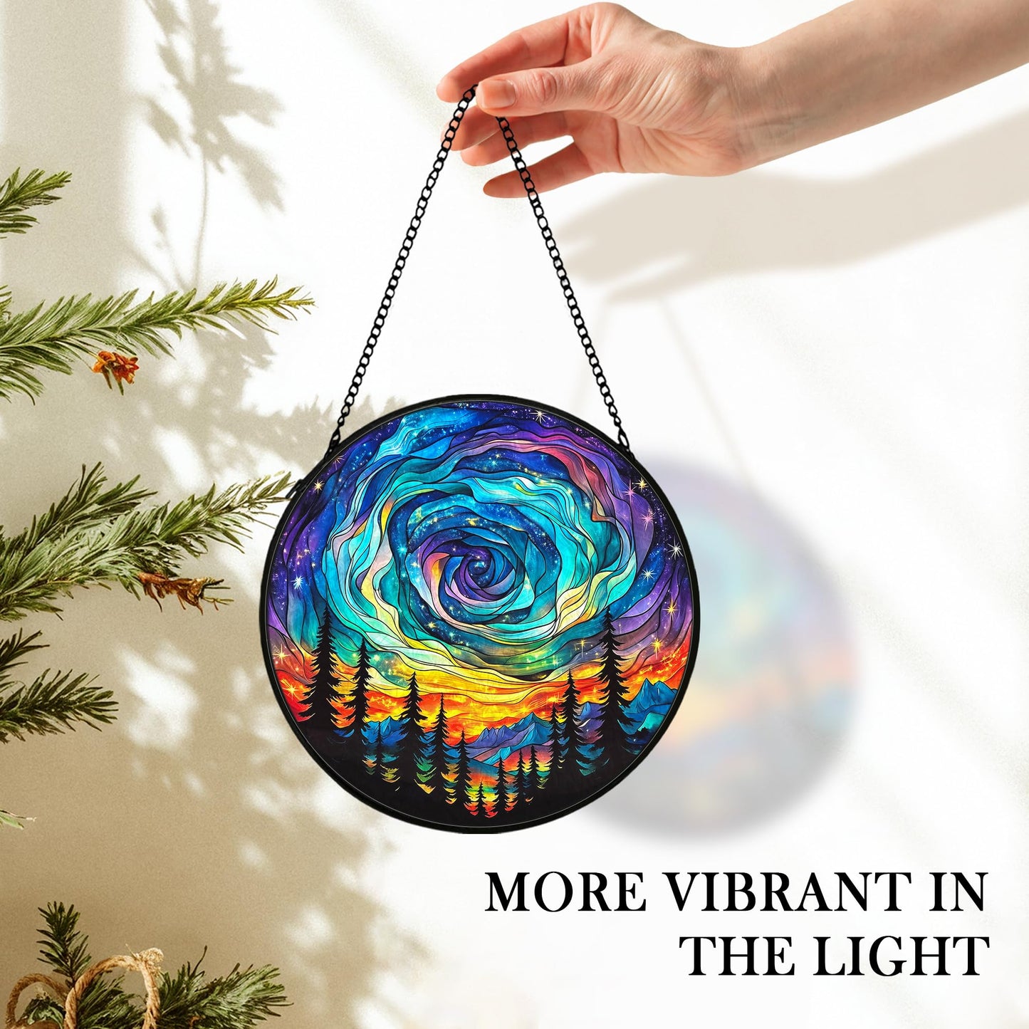 cvjutf Northern Lights Suncatcher Stained Glass Window Hanging Decor Ornaments, Nature Mountain Stained Glass Decor, Landscape Garden Lawn Sun Catchers Hanging Wall Art, Nature Lover Gifts,7.9x7.9In