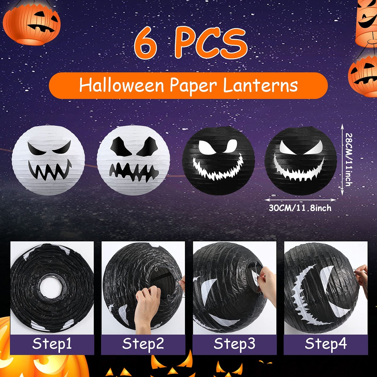 6 Pieces Halloween Paper Lanterns Party Decorations Halloween Hanging Lanterns Decorative for Home Outdoor Yard Party Supplies Favors 11.8 x 11 inch, White, Black (Normal Style)